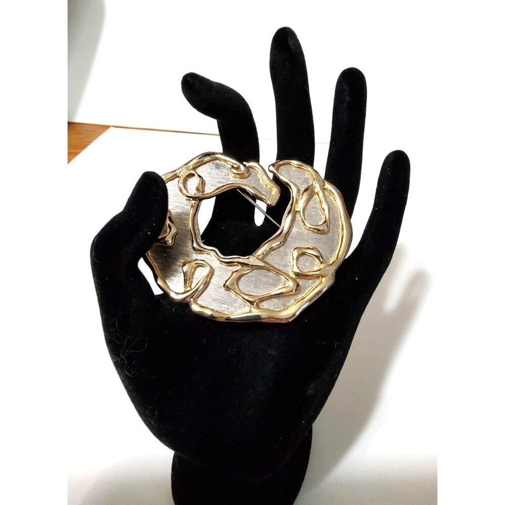 Abstract Gold & Silver Tone Metal Brooch Pin Modern Art Style Circular Design